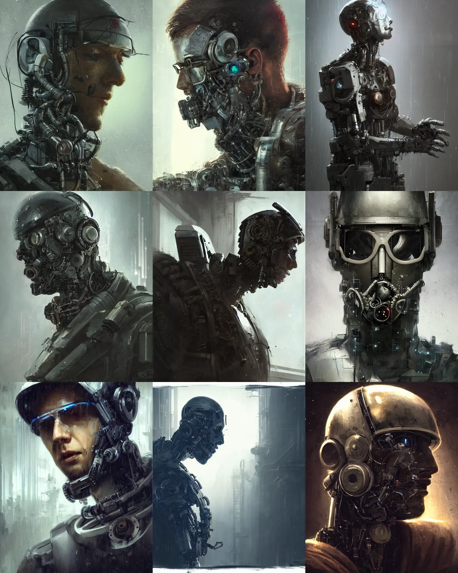 Prompt: a half - masked rugged young laboratory engineer man with cybernetic enhancements as seen from a distance, scifi character portrait by greg rutkowski, esuthio, craig mullins, 1 / 4 headshot, cinematic lighting, dystopian scifi gear, gloomy, profile picture, mechanical, half robot, implants, steampunk