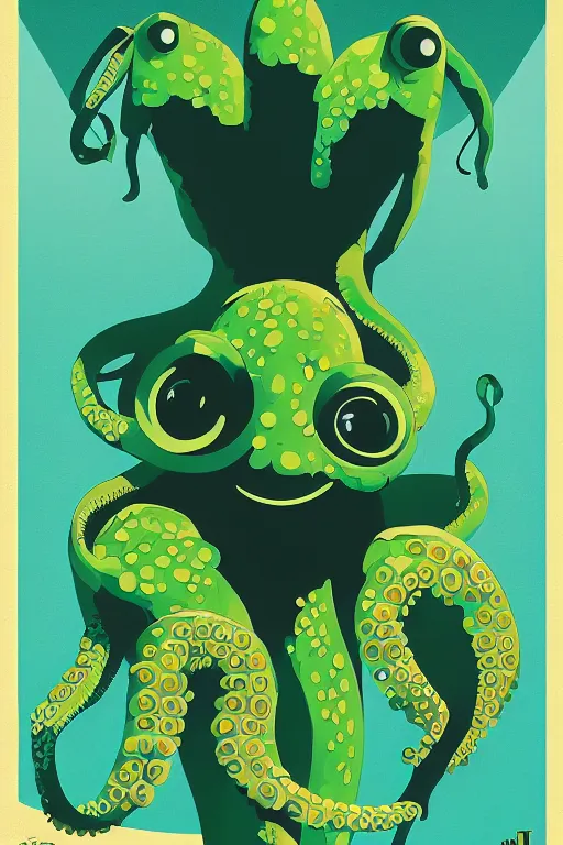 Prompt: a movie poster for the film (green octopus dancing) by Tom Whalen, highly detailed, award winning creature portrait, fantasy, artstation