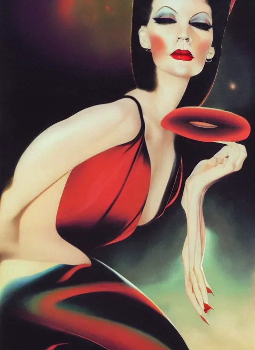 Image similar to an 8 0 s portrait of a woman with dark eye - shadow and red lips with dark slicked back hair dreaming acid - fueled hallucinations by serge lutens, rolf armstrong, delphin enjolras, peter elson