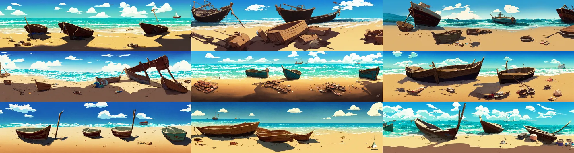 Prompt: a wholesome animation key shot of a cute empty dirty beach floor with damaged boat and broked wood, studio ghibli, pixar and disney animation, sharp, rendered in gouache painting, anime gouache key art by greg rutkowski, bloom, dramatic, dynamic lighting