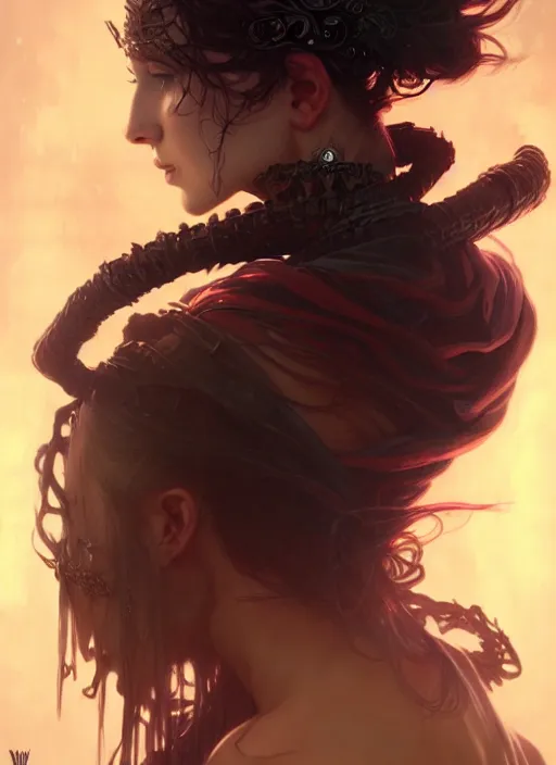 Image similar to Necromancer Sorceress, fantasy magic, undercut hairstyle, dark light night, intricate, elegant, sharp focus, illustration, highly detailed, digital painting, concept art, matte, art by WLOP and Artgerm and Greg Rutkowski and Alphonse Mucha, masterpiece