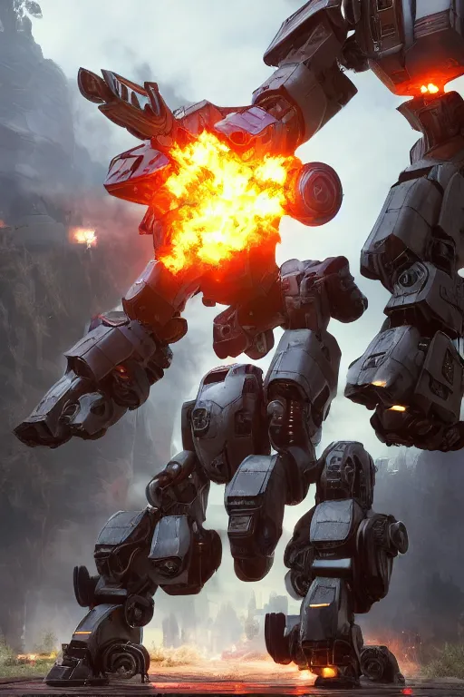 Image similar to mechwarrior 5 : mercenaries mech megaman transformer robot boss tank engine game octane render, 4 k, hd 2 0 2 2 3 d cgi rtx hdr style chrome reflexion glow fanart, global illumination ray tracing hdr fanart arstation by ian pesty by jesper ejsing pixar and disney unreal zbrush central hardmesh