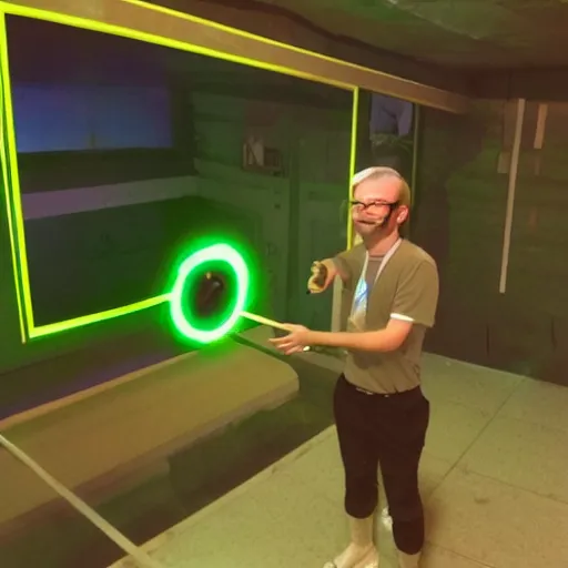 Image similar to soyjak pointing at an glowing anomaly