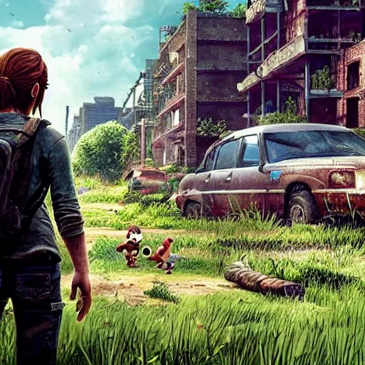 Image similar to Photo of Ellie (The Last of Us) walking through a realistic Super Mario Bros World 1-1