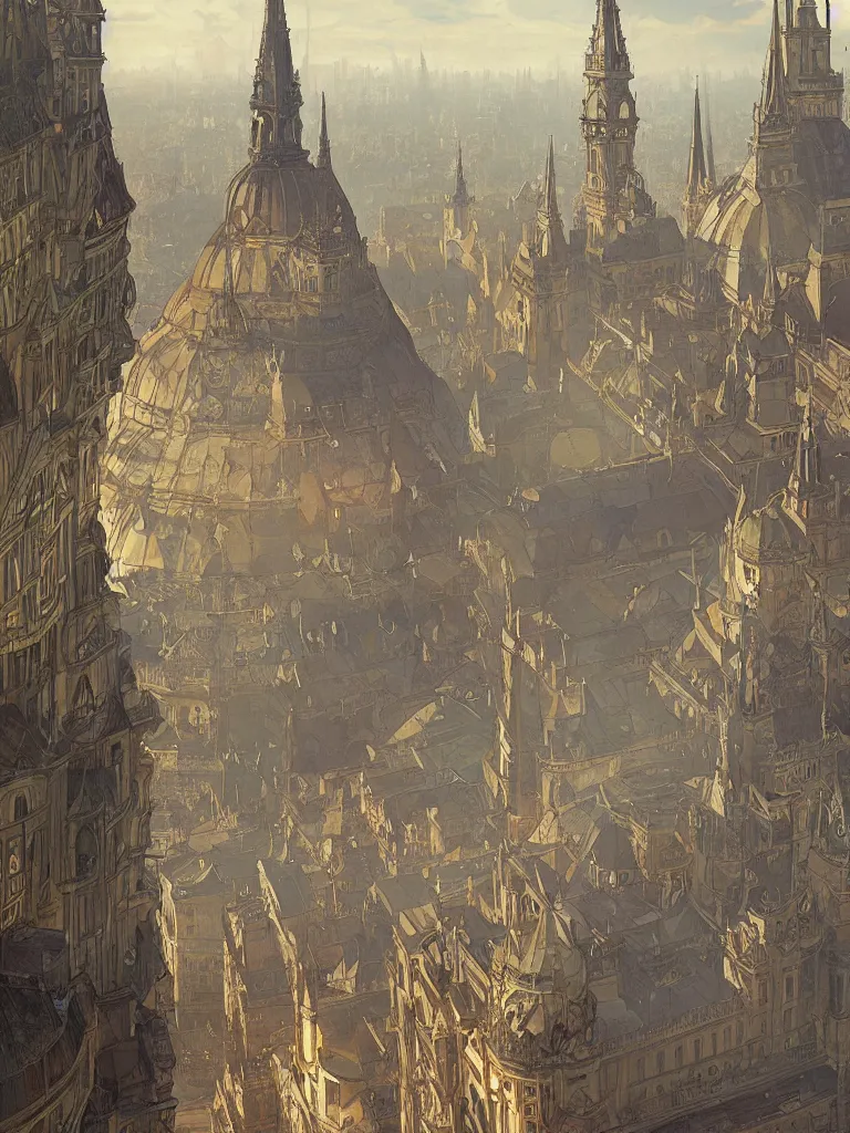 Image similar to a dome - covered city resembling budapest or paris, intricate, elegant, highly detailed, digital painting, artstation, concept art, smooth, sharp focus, colored illustration for tattoo, art by krenz cushart and artem demura and alphonse mucha,