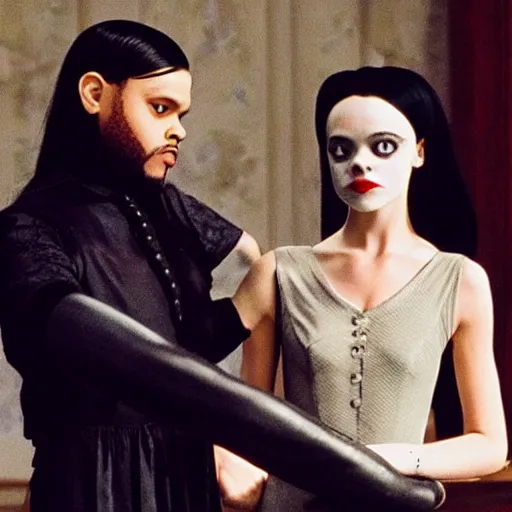 Image similar to scene from the movie the Addams Family, starring The Weeknd as Wednesday Addams