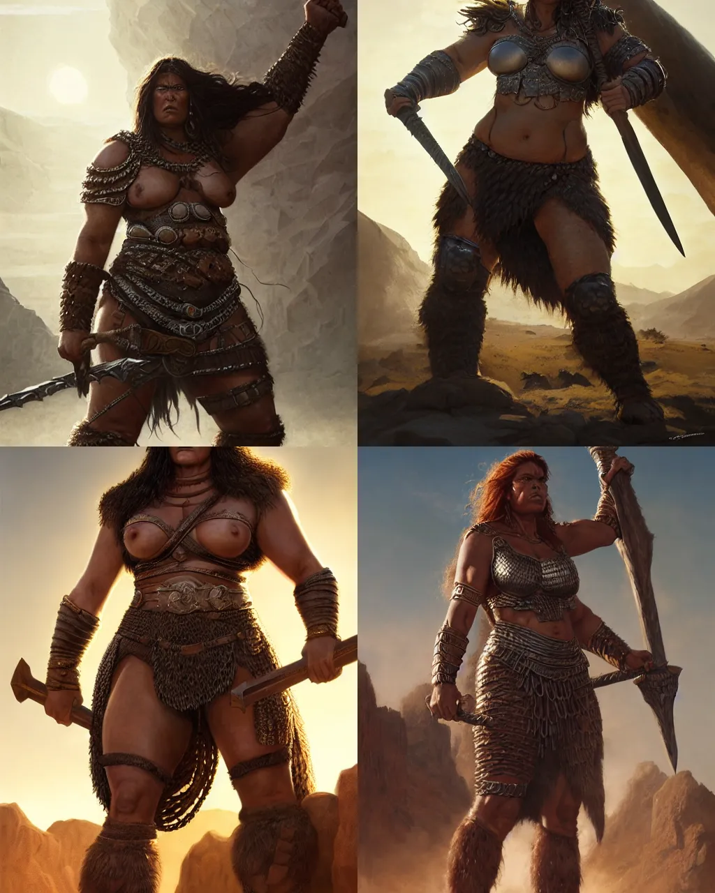 Prompt: a large barbarian woman wearing scale mail, heavy looking, powerful, imposing presence, by greg rutkowski and larry elmore, highly detailed, hyperrealistic, dark skin, desert lands, sharp focus, soft lighting, centered, sunlight, volumetric lighting, reflections