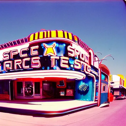 Prompt: future space station!! in outer space with route 6 6, americana architecture, neon signs, happy people walking and retro robots, huge glass windows, stars, wide angle photo, detailed, kodachrome