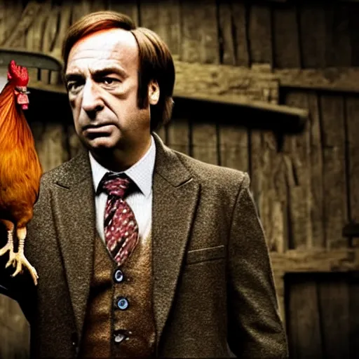 Prompt: saul goodman and a rooster in a medieval torture chamber, saw blades and knives in the background, horror movie, saul goodman, rooster!!!!!, real life photo, detailed face!