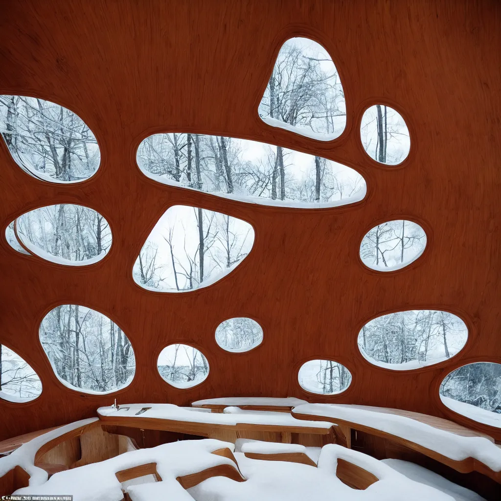 Prompt: the interior of a 1 9 7 0 s space ship carved out of wood, designed by eero saarinen, trees and snow visible through the windows