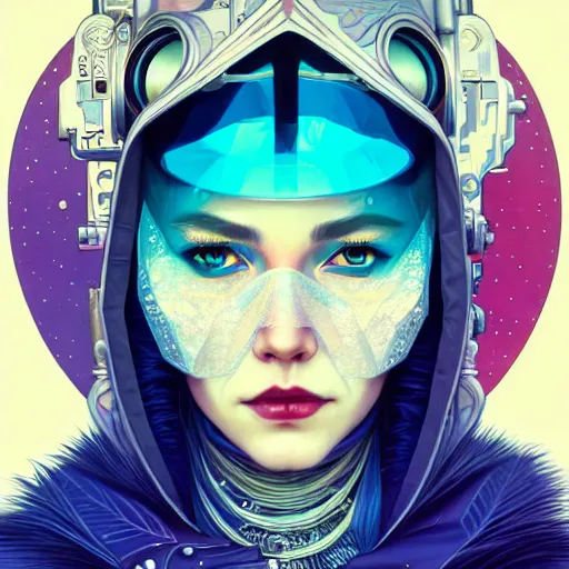 Prompt: high quality high detail portrait of a snow queen diesel punk character in an futuristic world, tristan eaton, victo ngai, artgerm, rhads, ross draws, hyperrealism, intricate detailed, alphonse mucha, pastel colors, vintage, artstation,