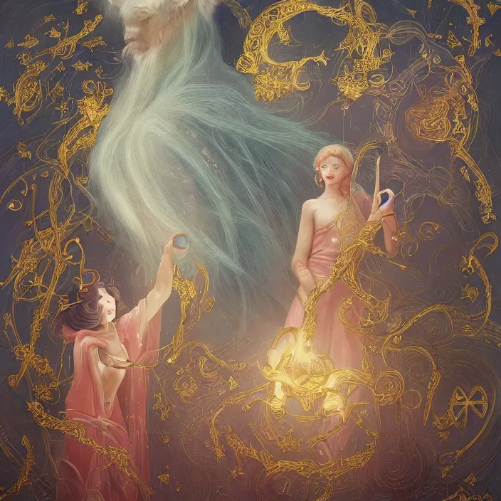 Image similar to a ultra - detailed beautiful painting major arcana the magician, sigils, runes, magical items, by hsiao ron cheng, ngai victo, nivanh chanthara jean delville wlop and dougherty patrick, trending on artstation, orb of agamento, light sparkles,, sky, sharp focus, soft light