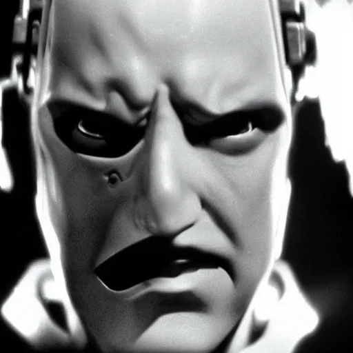 Image similar to movie still of a villain cyborg, facial expression, cinematic composition, cinematic light, by edgar allan poe and hp lovecraft,