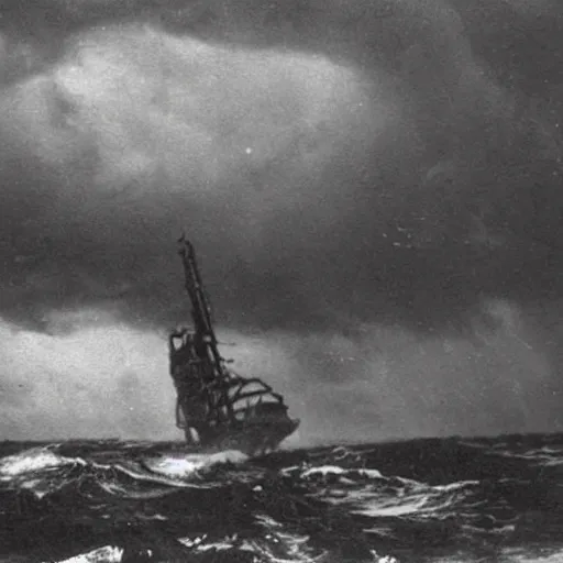 Prompt: giant anomalous machine in the middle of a violent stormy ocean, 1900s photograph