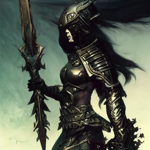 Image similar to A full portrait of a beautiful armored berserker woman, with an oversize Gothic sword, by Frank Frazetta, Greg Rutkowski, Boris Vallejo, epic fantasy art, Exquisite detail, post-processing, masterpiece, cinematic