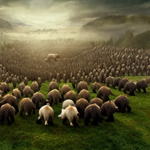 Image similar to an army of bears facing an army of bulls, magical forest, fantasy, Ireland, England, king Arthur, Lord of the rings, cinematic, realistic style, beautiful, majestic, dramatic lighting, early morning, dawn CGsociety, realistic, hyper maximalist, golden ratio, octane render, rule of thirds, wide shot , 8k resolution, epic volumetric light, cinematography, concept art, Artstation trending, environments, fantasy