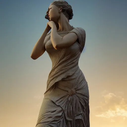 Image similar to an ultradetailed colossal magnificent mountain sized sculpture of an elegant woman, fine detail, sunrise on the horizon in the background, stone hand raised up, 8 k, art by greg rutkowski and alphonse mucha and andreas rocha and albert bierstadt