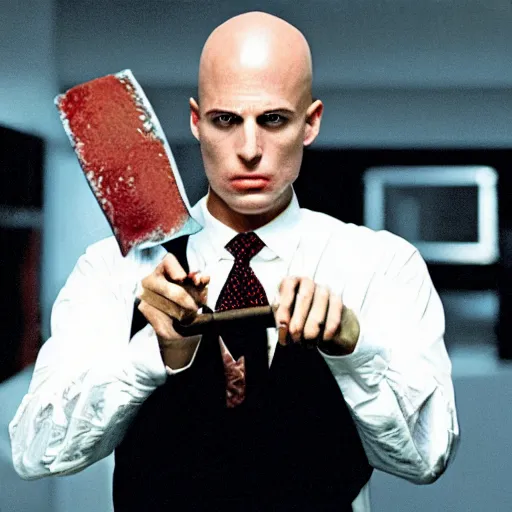 Prompt: Bald Patrick Bateman from American Psycho (2000) with an axe in his hands, at the office