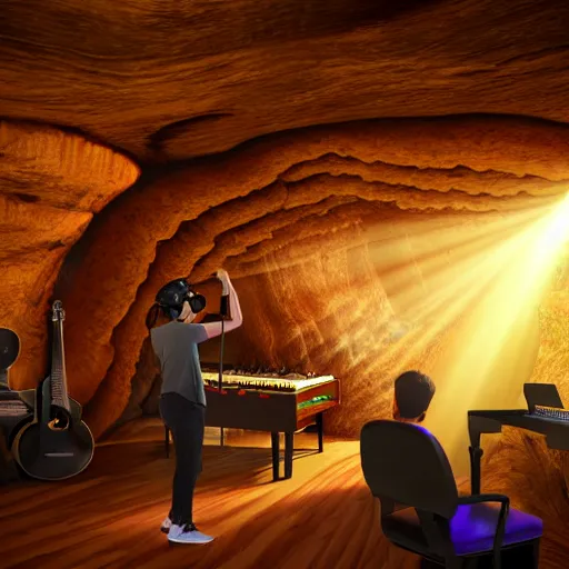 Prompt: A photorealistic wood log cave music studio in virtual reality with virtual people playing instruments, light rays coming out of the windows, bounce lighting, unreal engine, photorealistic