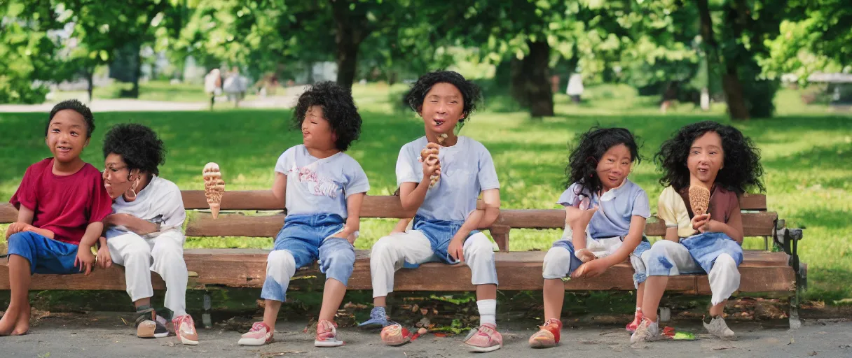 Prompt: a photograph for advertising of three multicultural kids on a bench eating ice cream shot by annie leibovitz, shallow depth of field, background school yard, kodak porto 4 0 0 film stock, zeiss 8 5 mm f 1. 2 color corrected and pts processed