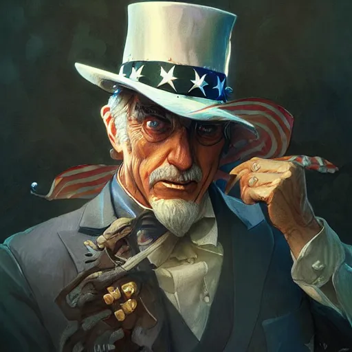 Prompt: uncle sam, d & d, fantasy, intricate, cinematic lighting, highly detailed, digital painting, artstation, concept art, smooth, sharp focus, illustration, art by artgerm and greg rutkowski and alphonse mucha