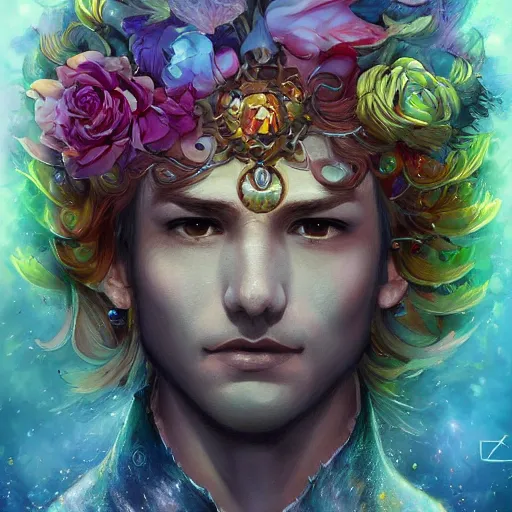 Image similar to a metaphysical flower king, mystical cosmic messenger, 4 k digital illustration by artgerm, wlop, james jean, andrei riabovitchev, marc simonetti, yoshitaka amano, artstation, cgsociety