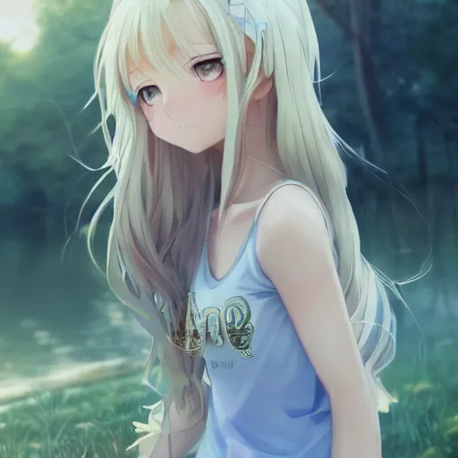 Image similar to a very beautiful anime girl, full body, long wavy blond hair, sky blue eyes, full round face, short smile, cute top, short jeans, summer lake setting, cinematic lightning, medium shot, mid-shot, highly detailed, trending on Artstation, Unreal Engine 4k, cinematic wallpaper by Stanley Artgerm Lau, WLOP, Rossdraws, James Jean, Andrei Riabovitchev, Marc Simonetti, and Sakimichan