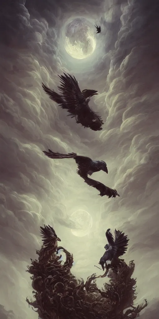 Prompt: ominous swirling ravens by peter mohrbacher and agostino arrivabene, vladimir kush, mysterious, dark fantasy art, swirling feathers, beautiful full moon, detailed thick black swirling volcano smoke tornado, particles, fire embers, artstation