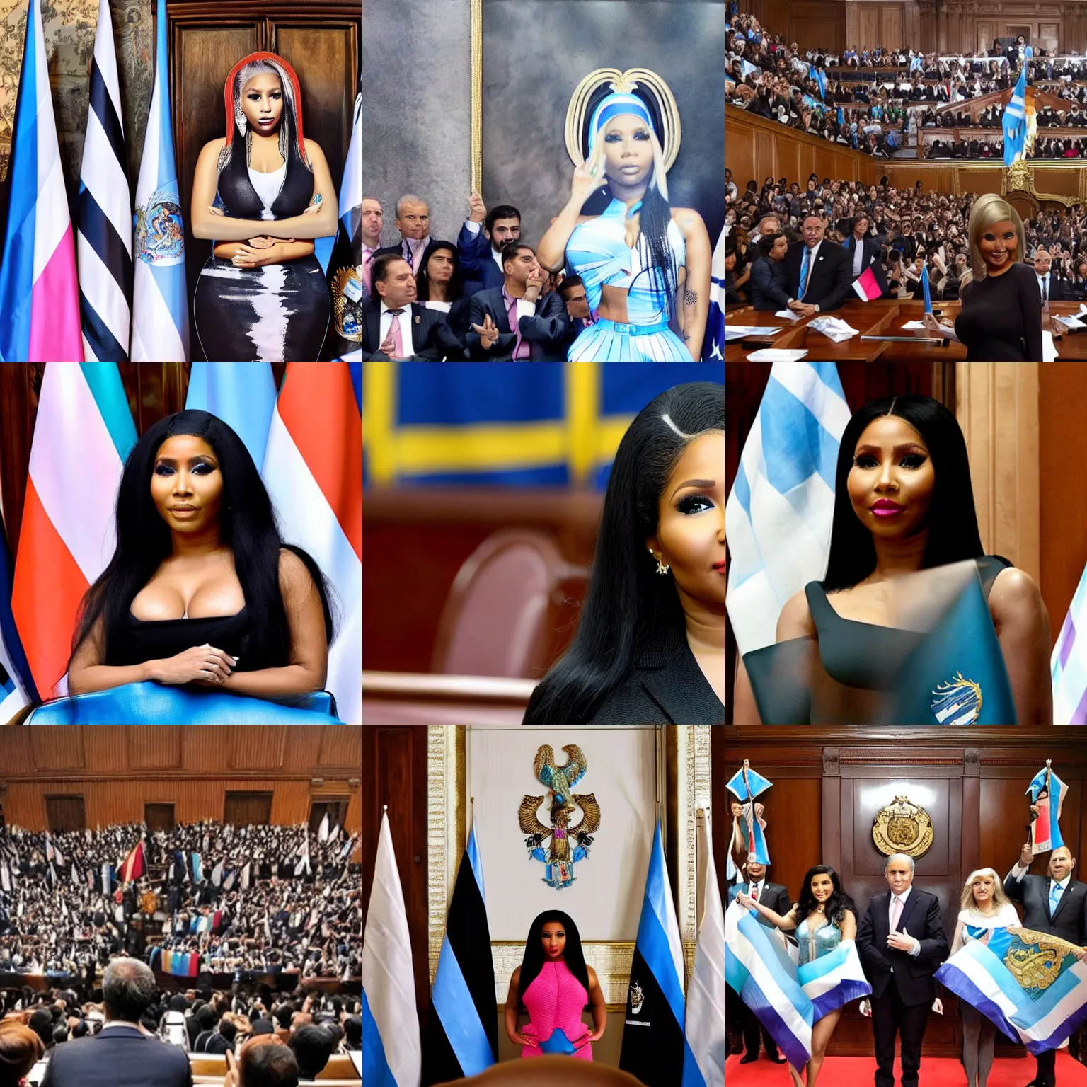 Image similar to Nicki Minaj president of Argentina, in the Argentine Congress, flags of Argentina behind, detailed picture