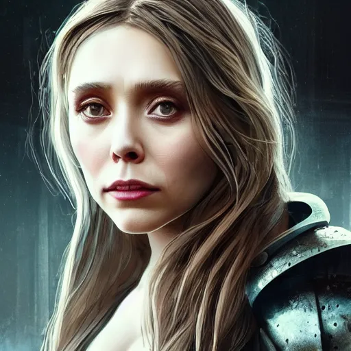 Prompt: elizabeth olsen portrait, dystopia core, apocalyptic, armor, warrior, dramatic, sharp focus, fiction, neon, fantasy, hyper detailed, digital art, trending in artstation, cinematic lighting, studio quality, smooth render, unreal engine 5 rendered, octane rendered, art style and nixeu and wlop and krenz cushart