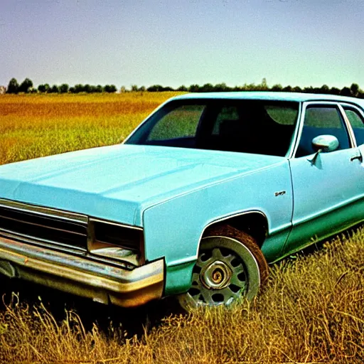 Image similar to A photograph of a beater beater beater beater beater abandoned abandoned abandoned 1976 Powder Blue Dodge Aspen in a farm field, photograph taken in 1989