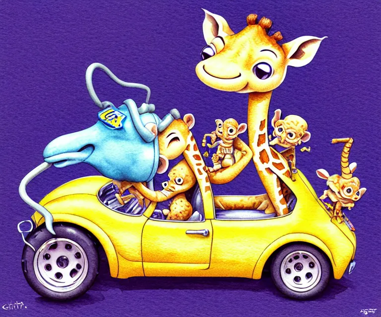Image similar to cute and funny, baby giraffe riding in a tiny hot rod with oversized engine, ratfink style by ed roth, centered award winning watercolor pen illustration, isometric illustration by chihiro iwasaki, edited by range murata, tiny details by artgerm and watercolor girl, symmetrically isometrically centered