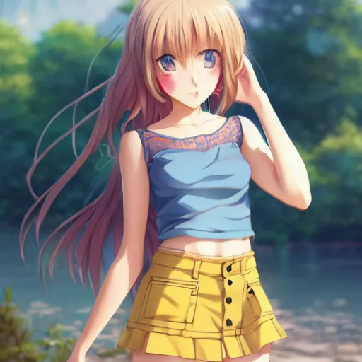 Image similar to a very beautiful anime girl, full body, long golden hair, sky blue eyes, full round face, short smile, short mini jeans skirt, cute top, summer lake setting, cinematic lighting, medium shot, mid-shot, highly detailed, trending on Artstation, Unreal Engine 4k, cinematic wallpaper by Stanley Artgerm Lau, WLOP, Rossdraws, James Jean, Andrei Riabovitchev, Marc Simonetti, and Sakimichan