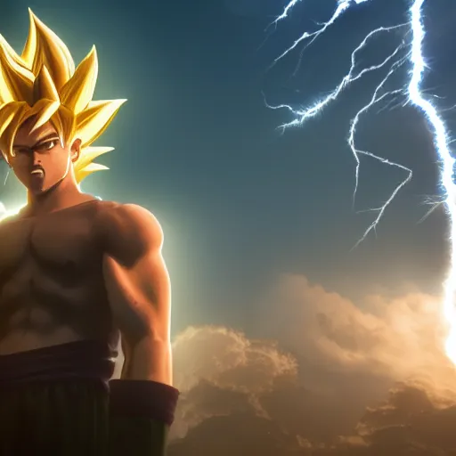 Prompt: jesus Christ as super saiyan, lightning in the sky, glowing, highly detailed, focus, photorealistic, cryengine
