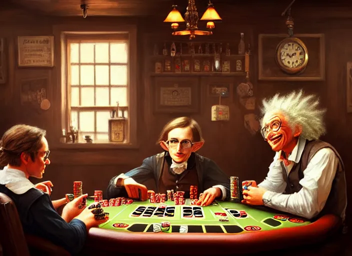 Image similar to playing poker in a saloon, Isaac Newton and Stephen Hawking and Albert Einstein, by Mandy Jurgens, trending on artstation, Richard Schmid and norman rockwell