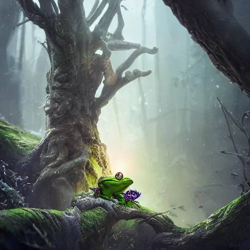 Prompt: aged, sapient, frog time wizard lurks in a dark tree while preparing a devastating spell, 8 k, fantasy, artstation, extremely detailed, octane render, realistic textures