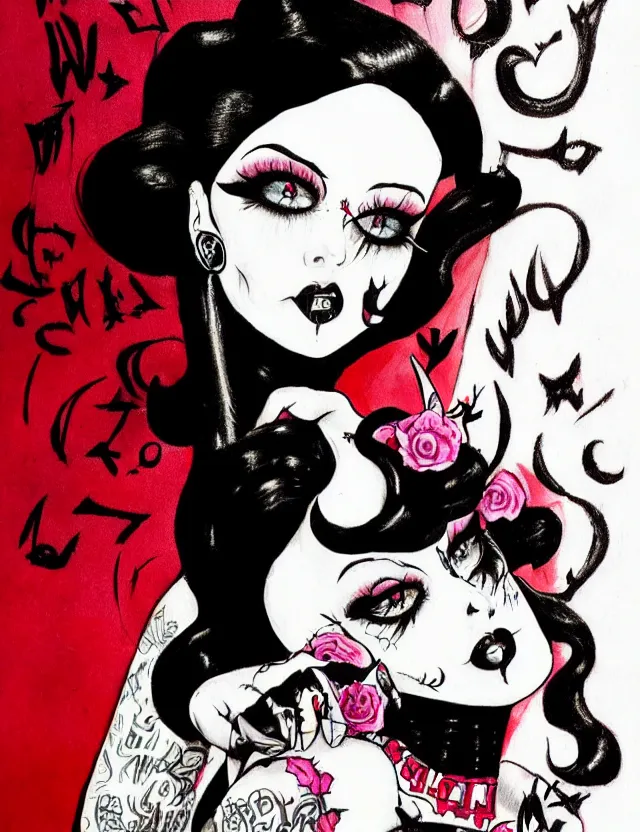 Prompt: of a goth girl burlesque psychobilly, rockabilly, punk, black hair, detailed face, white background, drawing, illustration