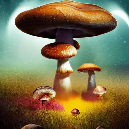 Image similar to mushrooms growing on a lost spaceship floating through the universe, 8k high definition digital art, trending on artstation