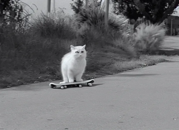 Prompt: film still of a a cat covered in spaghetti noodles riding a skateboard in compton ca, 8 k