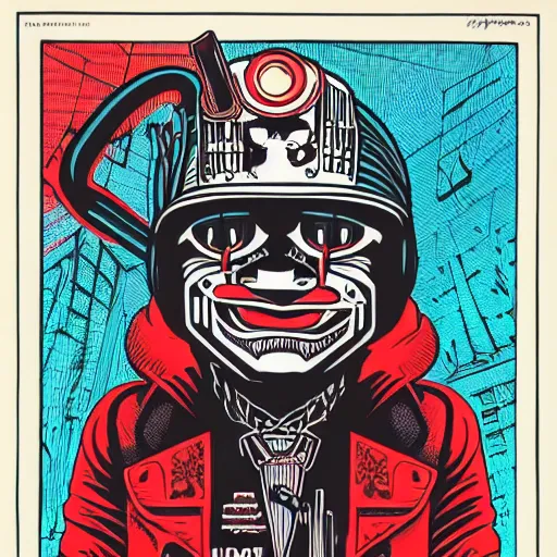 Image similar to Illustrated by Shepard Fairey and H.R. Geiger | Cyberpunk Clown Vampire with VR helmet, surrounded by cables