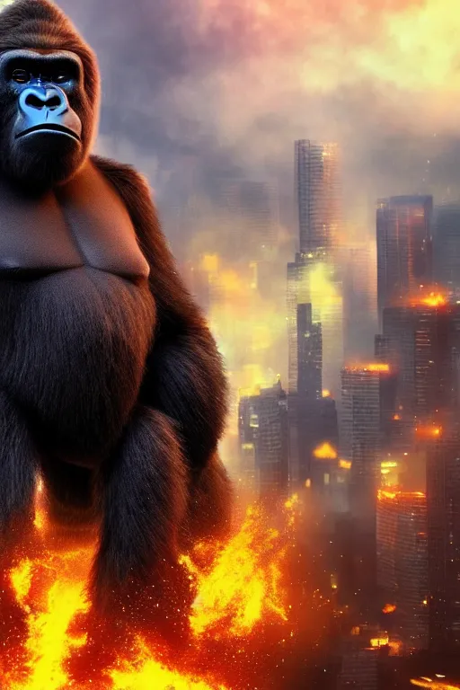 Prompt: concept art of huge gorilla be gorilla on burning tokyo city, cinematic composition, perfect lighting, art station trending