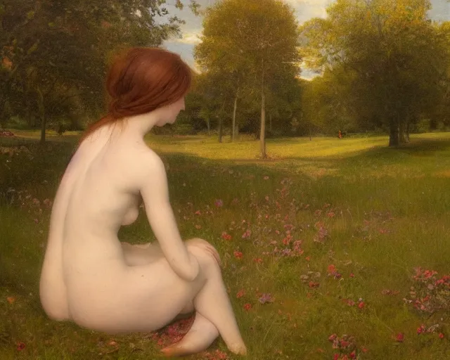 Image similar to beautiful pre - raphaelite painting of woman from the back, alone in a park, trending on artstation,