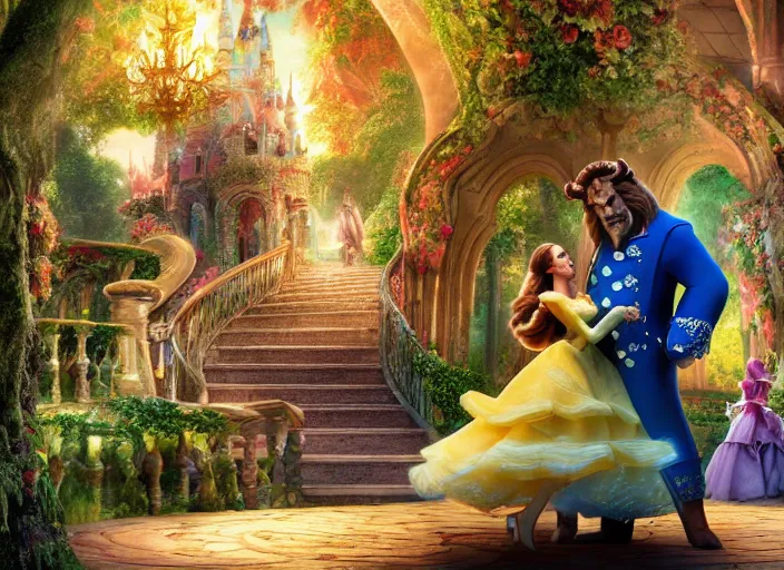 Prompt: digital art of beauty and the beast in the magical forest 4k