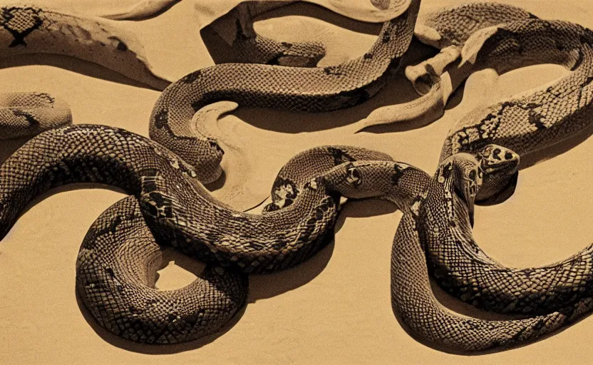 Prompt: a misteriuos old film photography of a snake wih a beautiful pattern, desert