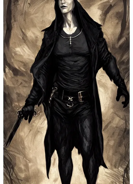 Image similar to elegant renaissance concept art of a male young muscular neo from matrix 1 as sandman from vertigo comics, with, full figure dynamic fighting pose, pale skin!, gothic, black overcoat, fantasy, intricate, highly detailed, digital painting, artstation, smooth, sharp focus, illustration, art by artgerm and greg rutkowski and alphonse mucha