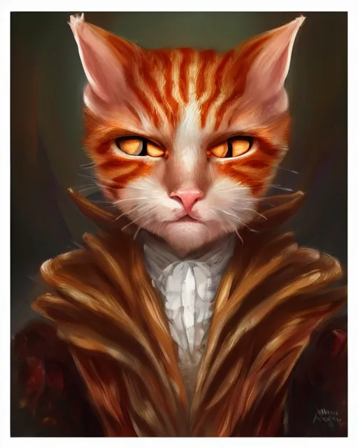 Prompt: High Fantasy whimsical portrait painting of a wise anthropomorphic humanoid ginger cat with big bushy eyebrows, upper body, wearing fantasy formal clothing, wearing fantasy clothing, cgsociety, trending on artstation, dnd