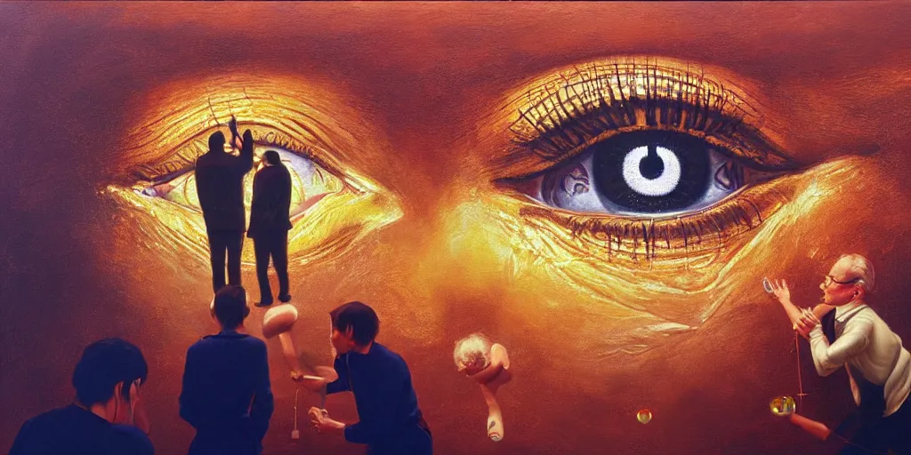 Prompt: people being overcome by love, golden hour, all seeing eye, protection, forcefield, aura, dripping colors, vibration of love, detailed painting by painting by gottfried helnwein and tokio aoyama