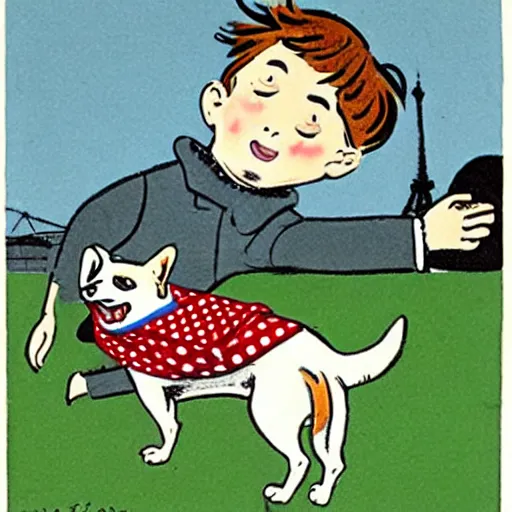 Image similar to book illustration of a french boy on the streets of paris playing football against a corgi, the dog is wearing a polka dot scarf, 1 9 6 6