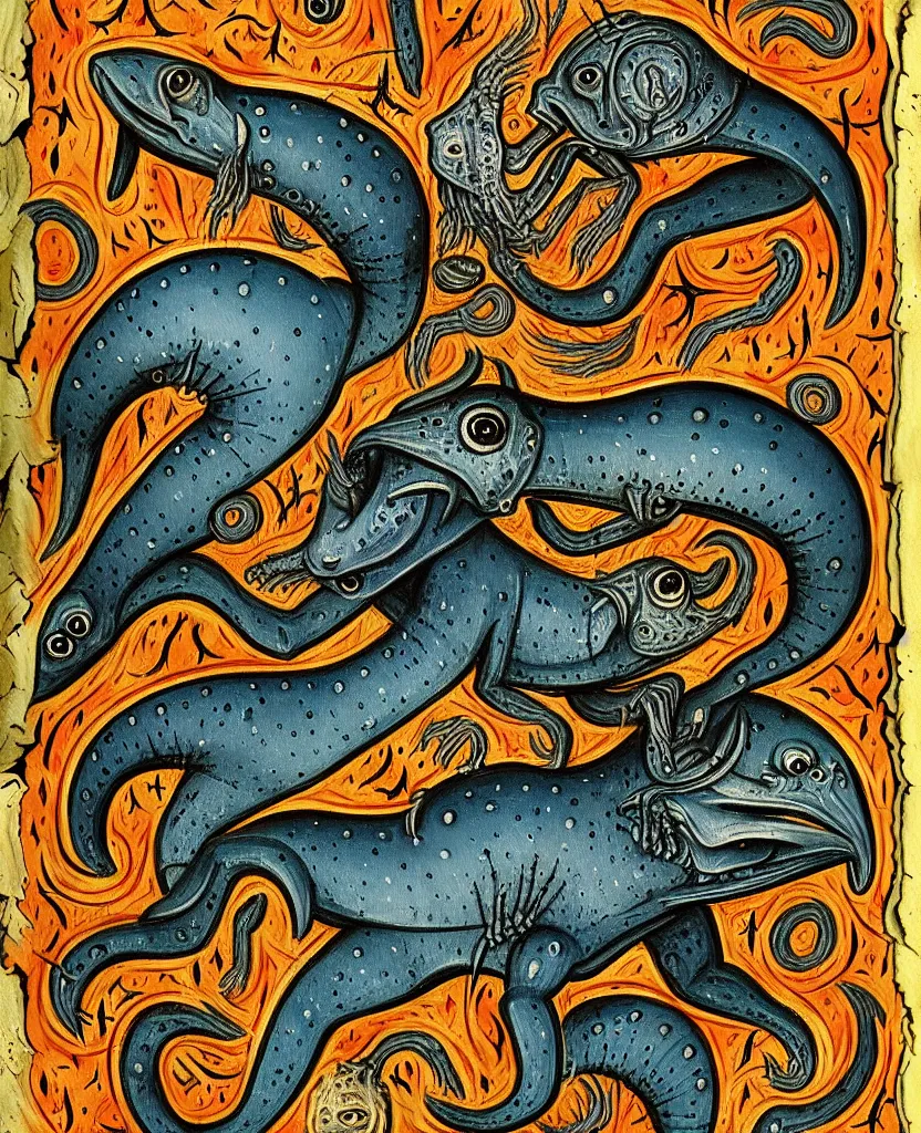 Image similar to medieval bestiary of wild repressed emotional creatures found in the deep sea of unconscious of the psyche, painted by ronny khalil