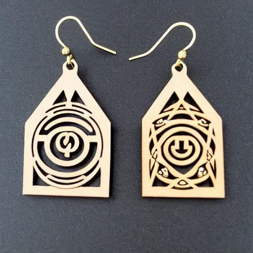 Image similar to 2 d wood lasercut earrings, mystical symbols, 8 k, hd, trending on amazon on artstation, trending on deviantart, trending on etsy, epic digital art